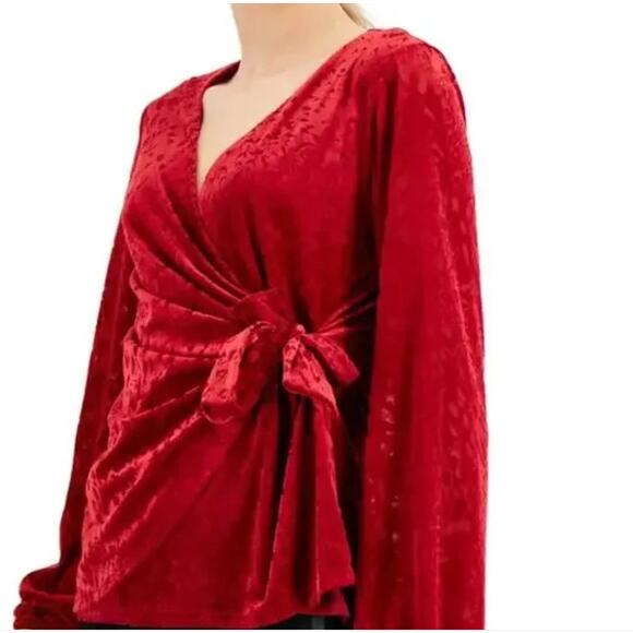 Alfani Red Velvet Burnout Wrap Top Women’s Medium Petite Whimsigoth Holiday - Picture 1 of 6